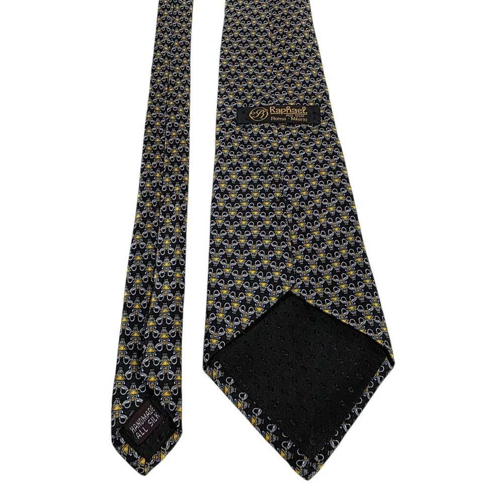 Raphael Mens Luxury Silk Tie Black Gold Pattern Handmade Roma Milano Necktie‎